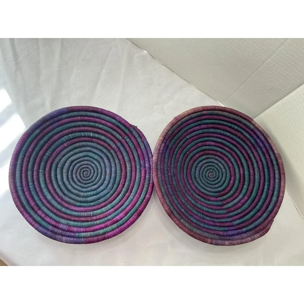 Set of 2 Handcrafted Woven Wall Baskets Purple Teal Boho Spiral Coiled Plates 10